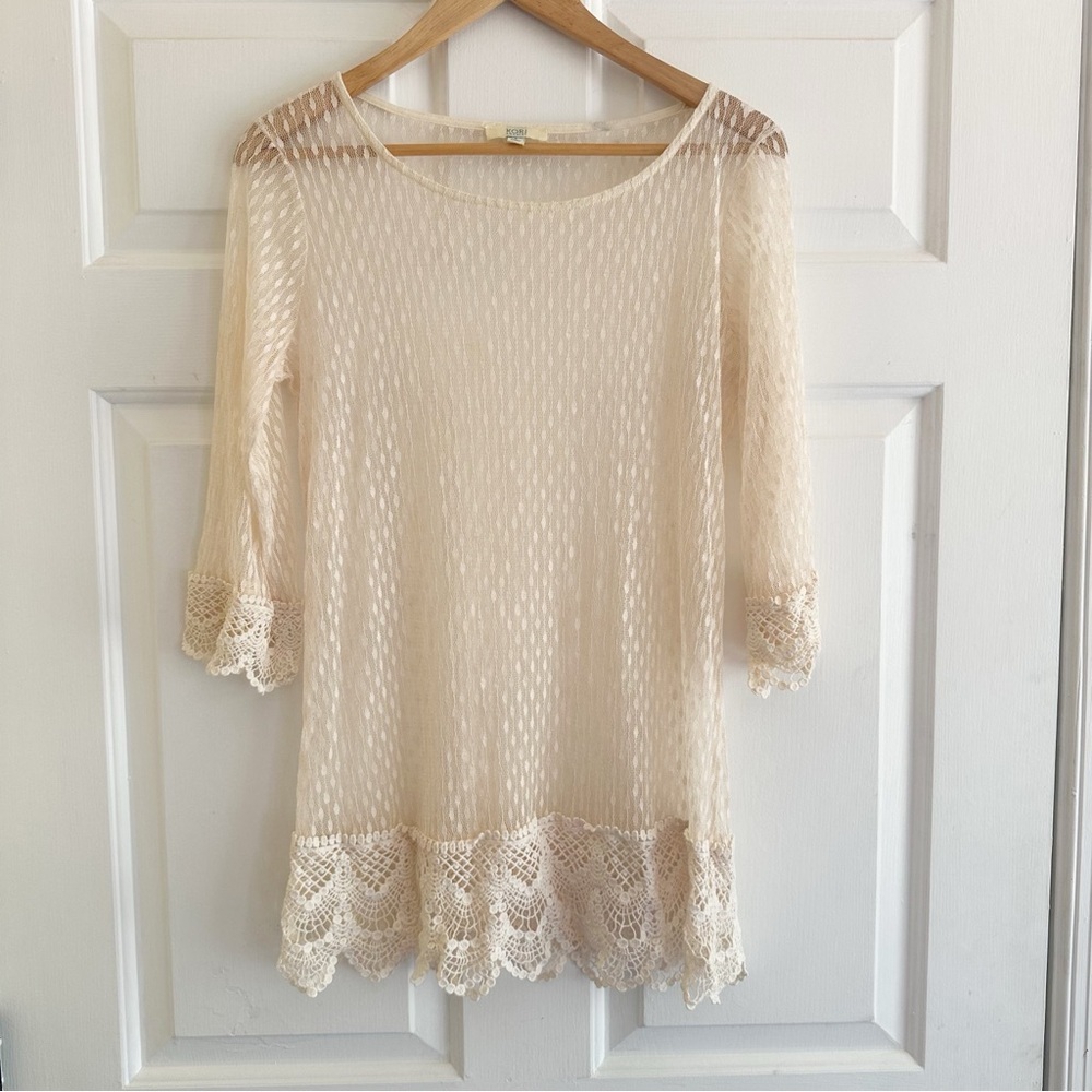 Kori America‎ Cream Sheer Crochet Lace Fringe Top Dress Sz Small Hippie Festival